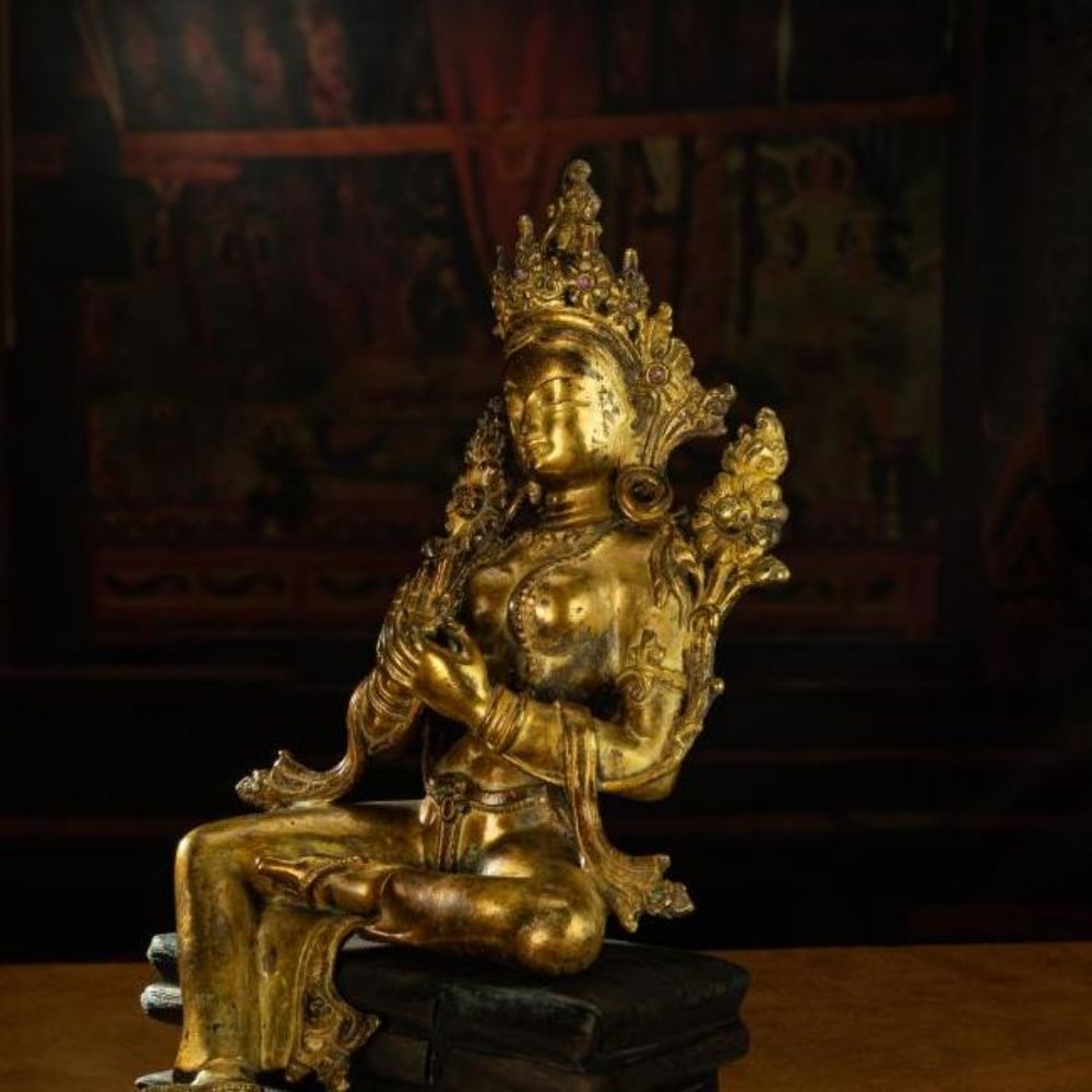 Ming Dynasty Green Tara Dharma Printed Statue Tibetan Antique Buddha Statue  Full of Gold Water Pure Tibetan