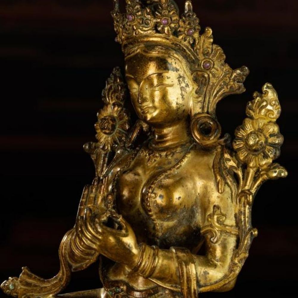 Ming Dynasty Green Tara Dharma Printed Statue Tibetan Antique Buddha Statue  Full of Gold Water Pure Tibetan