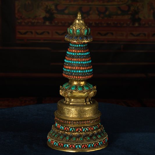 Qing Dynasty Old Kadam Pagoda Tibetan light antique full of gold and water inlaid with gems