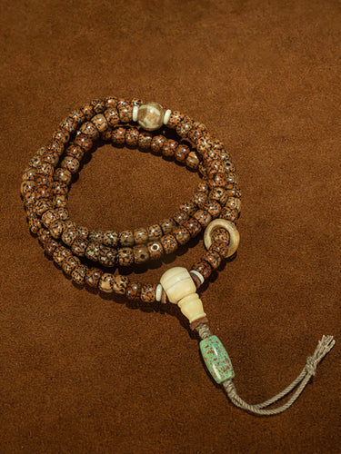 Qing Dynasty Style Tibetan Fully Cracked Creamy Jadeized Star & Moon Bodhi 108-Bead Prayer Bracelet
