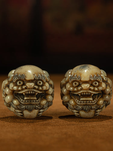 Qing Dynasty Style Tibetan High-Density Jadeized Carved Harmonious Deer Antler Baoding Balls Pair