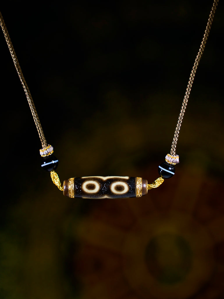 Divine Fortune Three-Eyed Agate 18K Gold Dzi Necklace