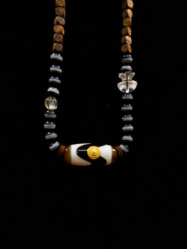 Fierce Harmony Shale White Tiger Tooth Dzi 18K Gold Necklace