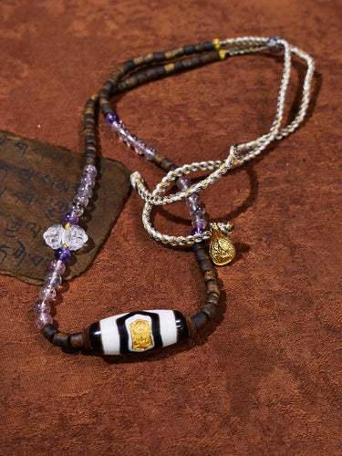 Divine Fortune Shale White Three-Eyed Dzi 18K Gold Necklace