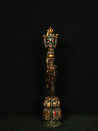 Qing Dynasty Style Tibetan Painted Sandalwood Carved Large Three-Faced Demon-Subduing Dorje