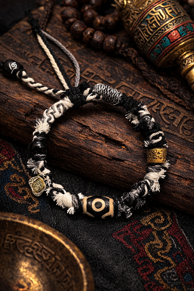 Wealth Vision Three-Eye Dzi Tibetan Five-Color Cord Bracelet
