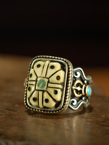 Qing Dynasty Style Tibetan Jadeized Old Material Precious Flower Silver Ring