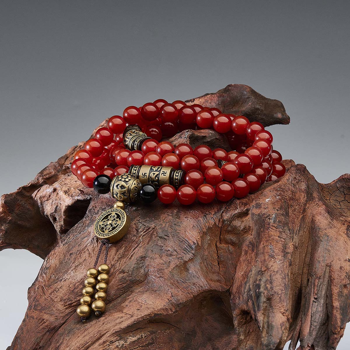 Health Energy Red Carnelian Agate and Obsidian Mala Necklace