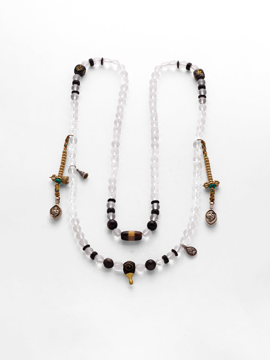 Healing Crystal 108 Mala Necklace White Quartz, Agate & Silver Pendant
