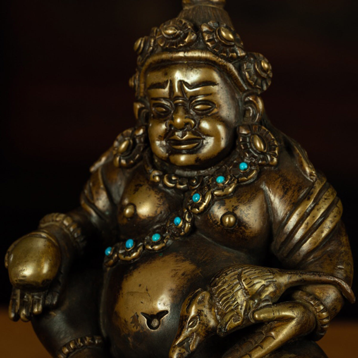 13th Century Tibetan Antique Buddha Statue Yellow God of Wealth Turquoise Inlay  Pala Style