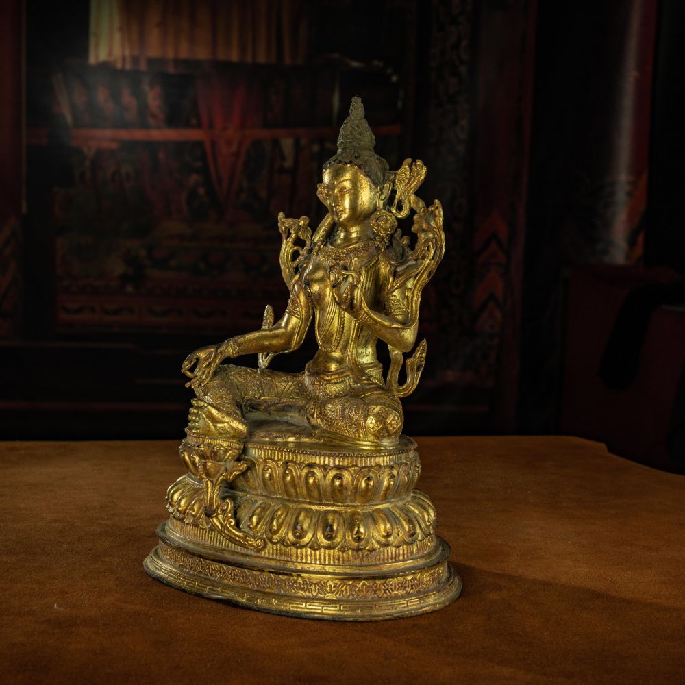 Qing Dynasty Green Tara Statue Tibetan Antique Buddha Statue  Gilt Ganzi Temple Pure Tibetan