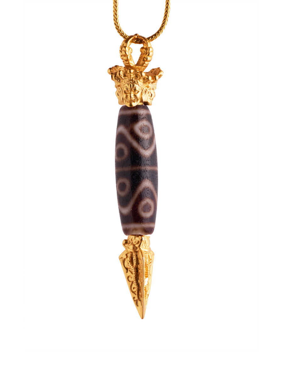 Eight-Eye Dzi Bead Pendant– Tibetan Good Luck Pendant with Gold-plated Details