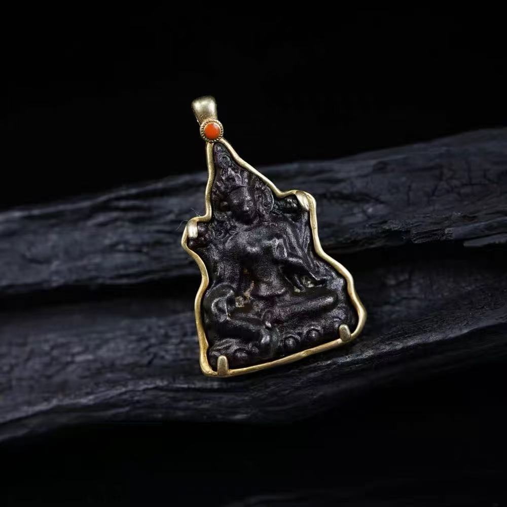 Green Tara Carved Thokcha Iron Gold Frame Coral Pendant Necklace