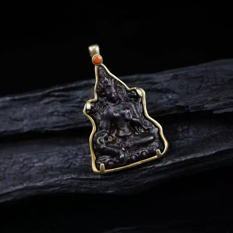 Green Tara Carved Thokcha Iron Gold Frame Coral Pendant Necklace