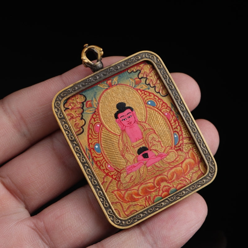 Amitabha Buddha Tibetan Thangka Pendant Hand-painted with Gold Outline and Vajra Shell puretibetan