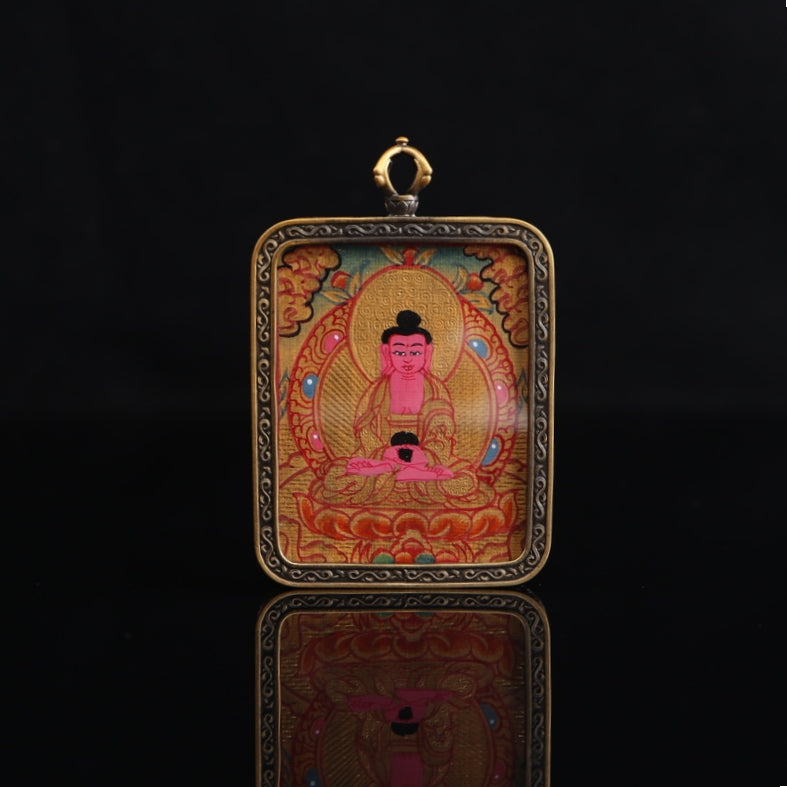 Amitabha Buddha Tibetan Thangka Pendant Hand-painted with Gold Outline and Vajra Shell puretibetan