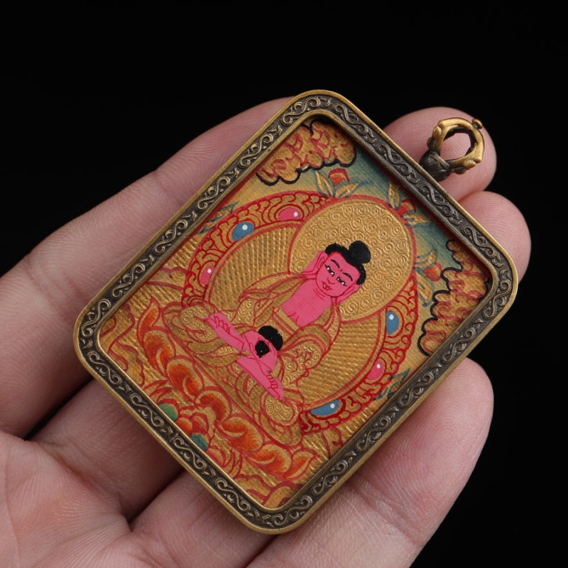 Amitabha Buddha Tibetan Thangka Pendant Hand-painted with Gold Outline and Vajra Shell puretibetan