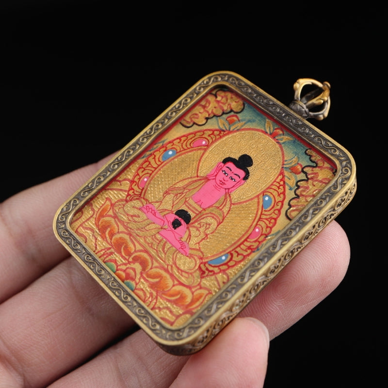 Amitabha Buddha Tibetan Thangka Pendant Hand-painted with Gold Outline and Vajra Shell puretibetan