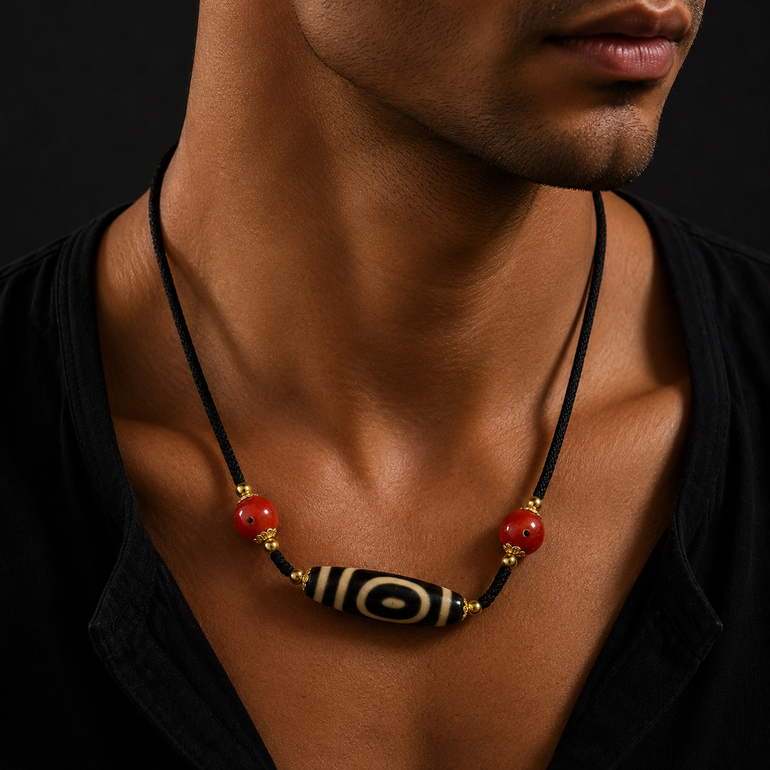 Ancient Clearing · Two-Eyed Dzi & Coral Necklace