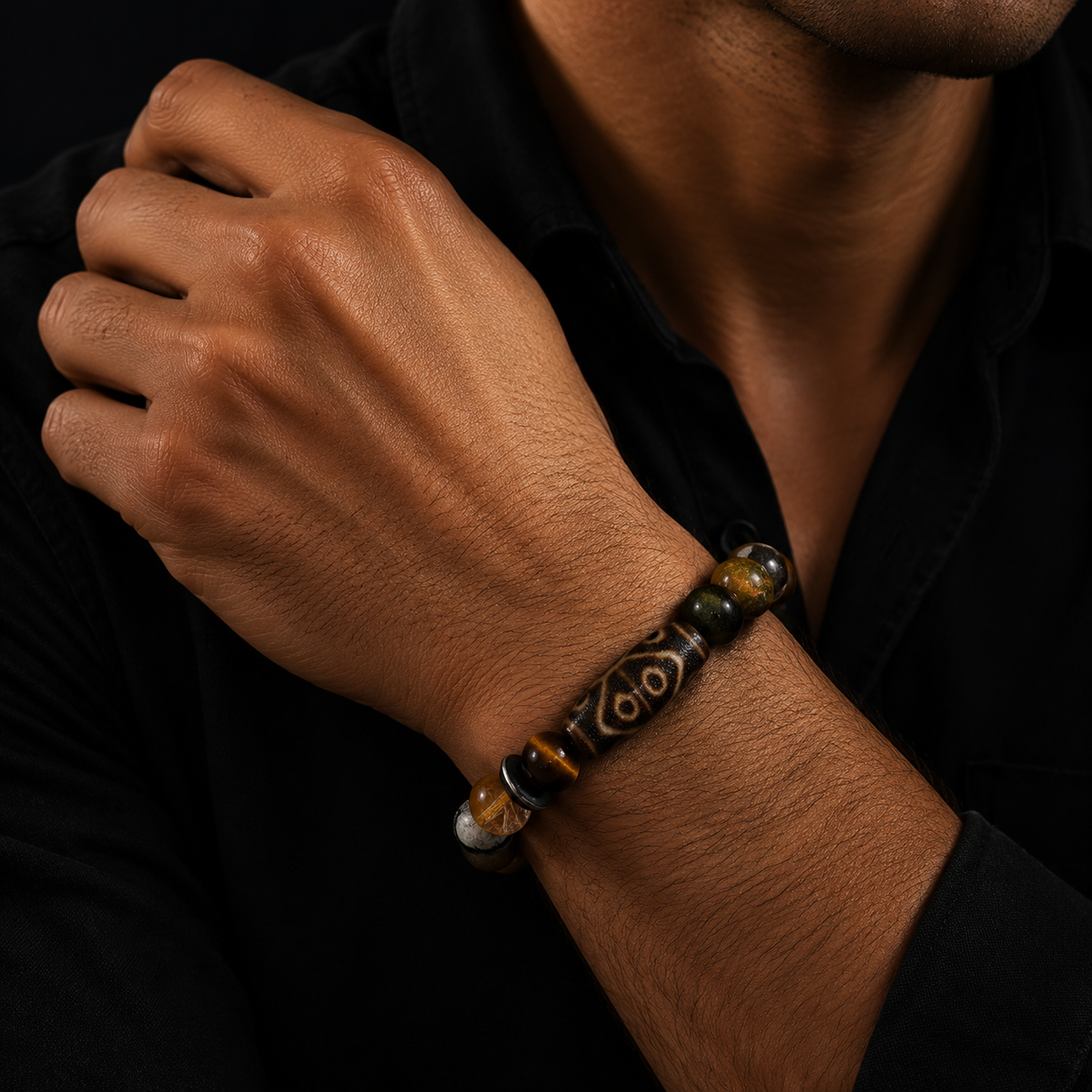 Six-Eye Dzi Ebony Multi-Stone Ancient Bead Bracelet