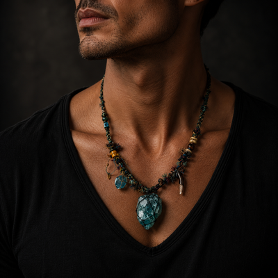 Green Fluorite Raw Stone Tibetan Necklace – Clarity, Growth and Wild Spirit