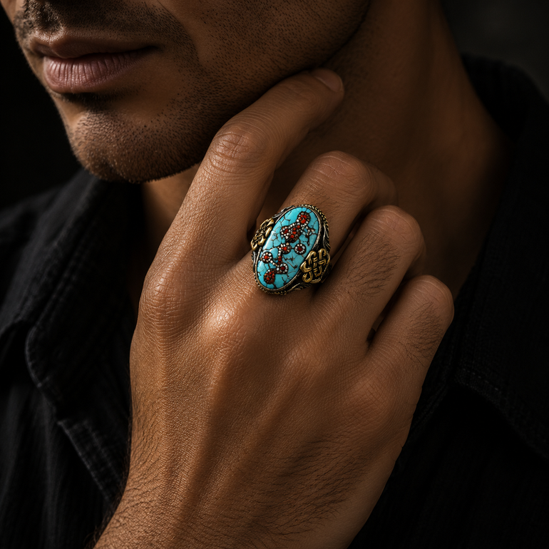 Empower Strength Harmony Ring | Turquoise & Red Coral Sterling Silver with Auspicious Knot