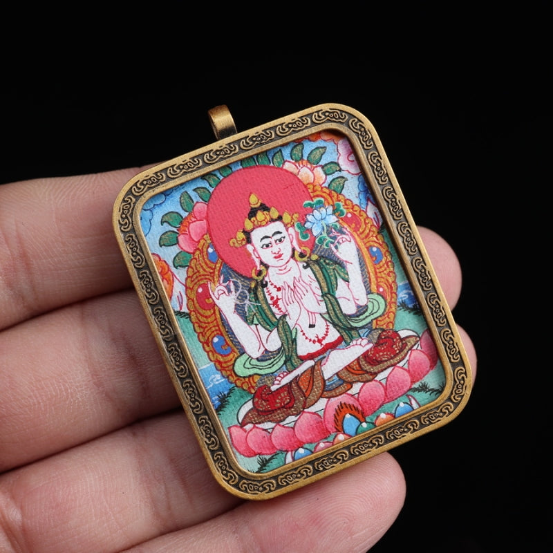 Chaturbhuja Lokeshvara Tibetan Thangka Pendant with Nine Square Diagram Shell puretibetan