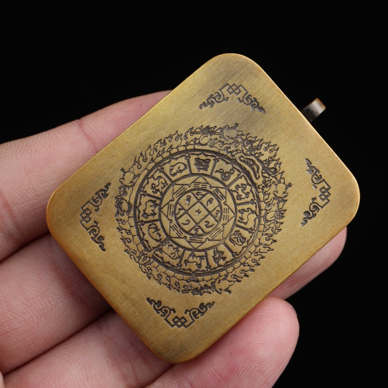 Chaturbhuja Lokeshvara Tibetan Thangka Pendant with Nine Square Diagram Shell puretibetan