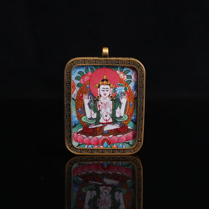 Chaturbhuja Lokeshvara Tibetan Thangka Pendant with Nine Square Diagram Shell puretibetan