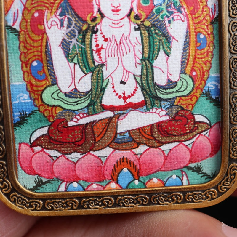 Chaturbhuja Lokeshvara Tibetan Thangka Pendant with Nine Square Diagram Shell puretibetan