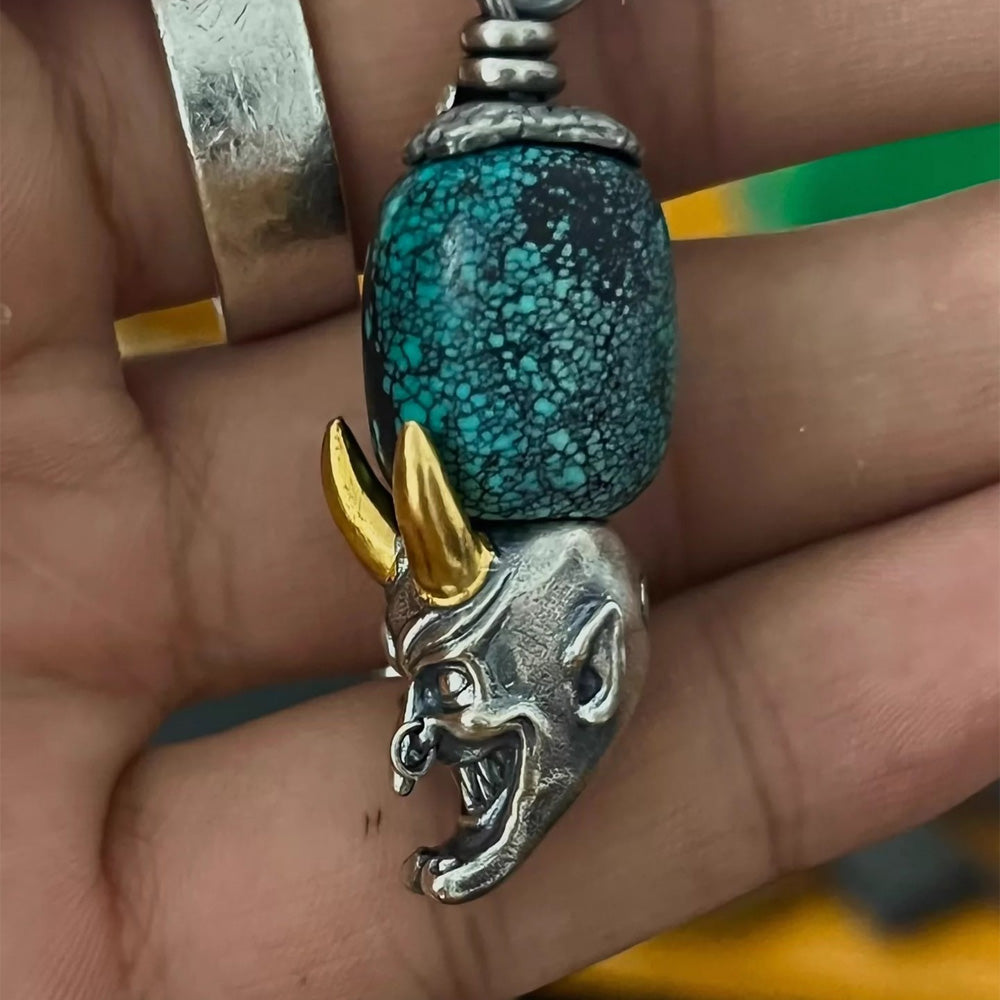 Strength Guardian Skull Turquoise 24K Gold Sterling Silver Pendant