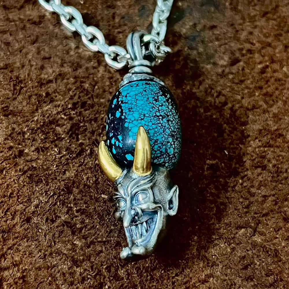 Strength Guardian Skull Turquoise 24K Gold Sterling Silver Pendant