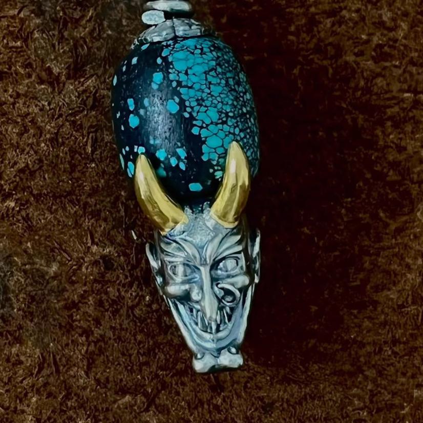 Strength Guardian Skull Turquoise 24K Gold Sterling Silver Pendant