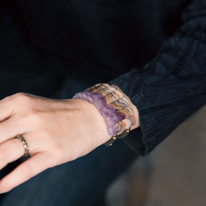 Mystic Harmony Amethyst Agate Hand Bracelet with Brass