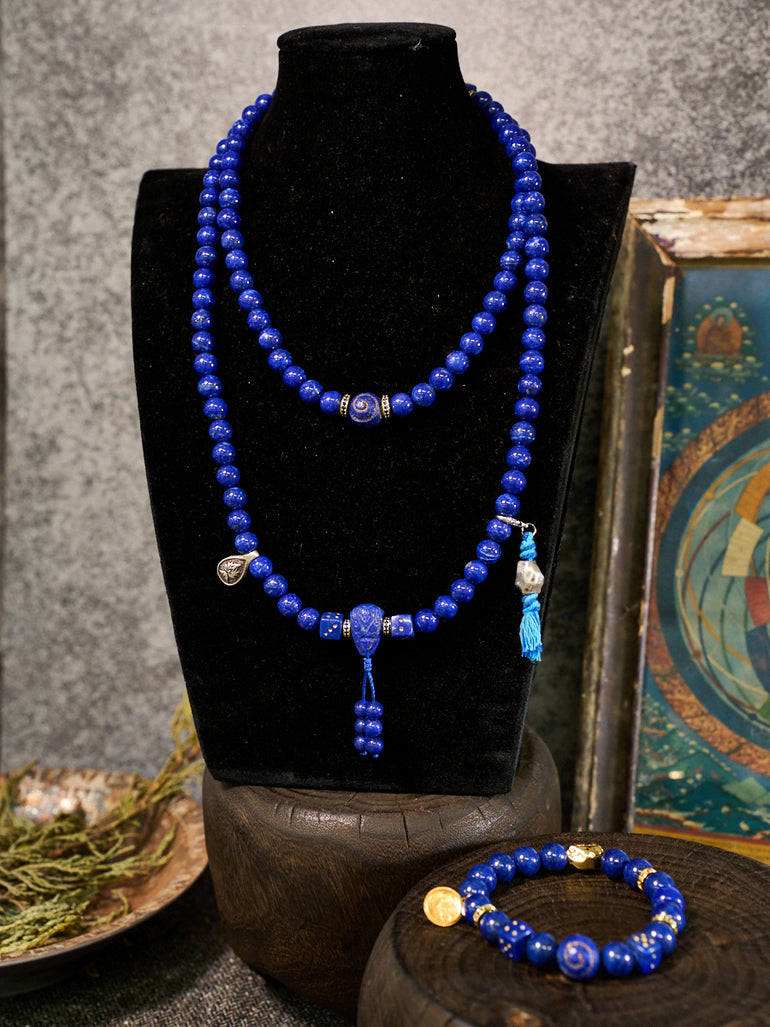 Wisdom Awakening Conch & Dragon Lapis Lazuli 108 Mala Set
