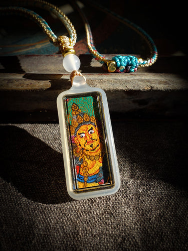 Yellow Dzambhala Wealth Pendant | Tibetan Agate Amulet with Mantra
