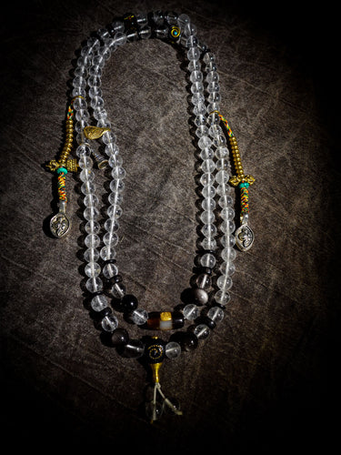 Tibetan 108 Bead Mala with Clear Quartz | Healer Bead & Zakirum Protection Design