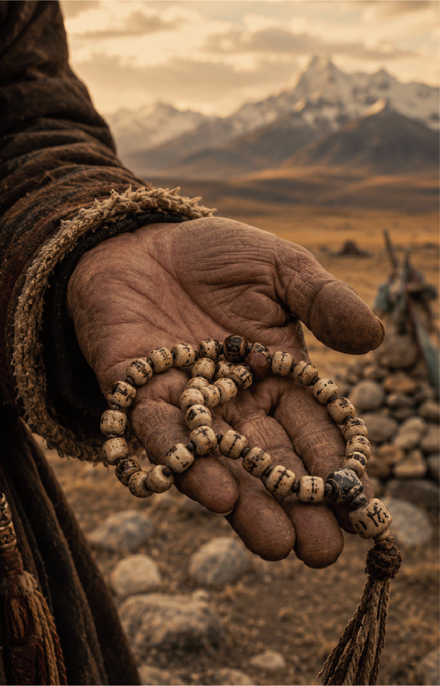 A close-up of a person's weathered hand holding a string of beige and black prayer beads, with a mountain landscape in the background.