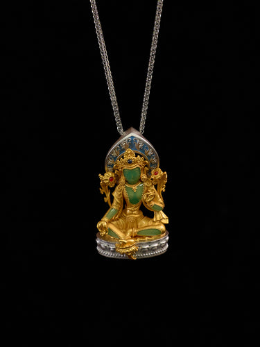 Enamel Green Tara Agate Silver Pendant