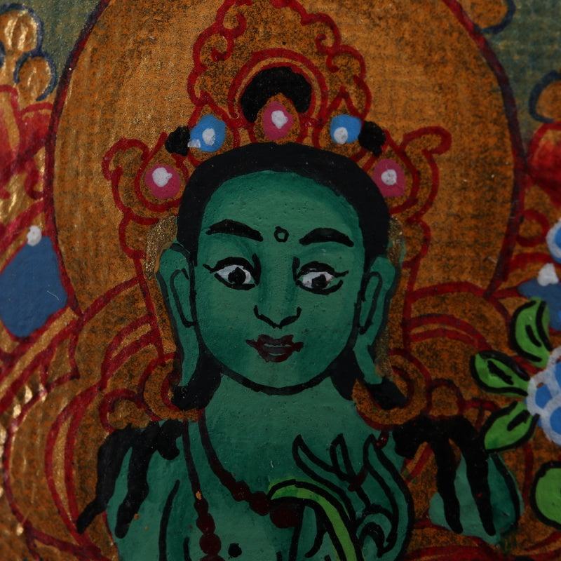 Green Tara Tibetan Thangka Pendant Hand-painted with Gold Outline puretibetan