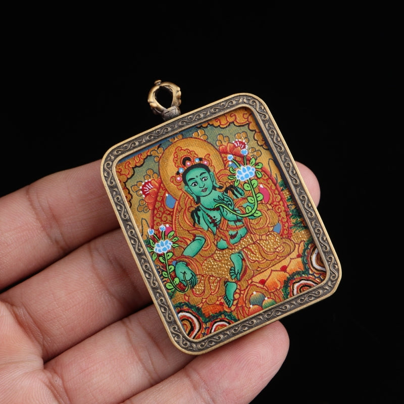 Green Tara Tibetan Thangka Pendant Hand-painted with Gold Outline puretibetan