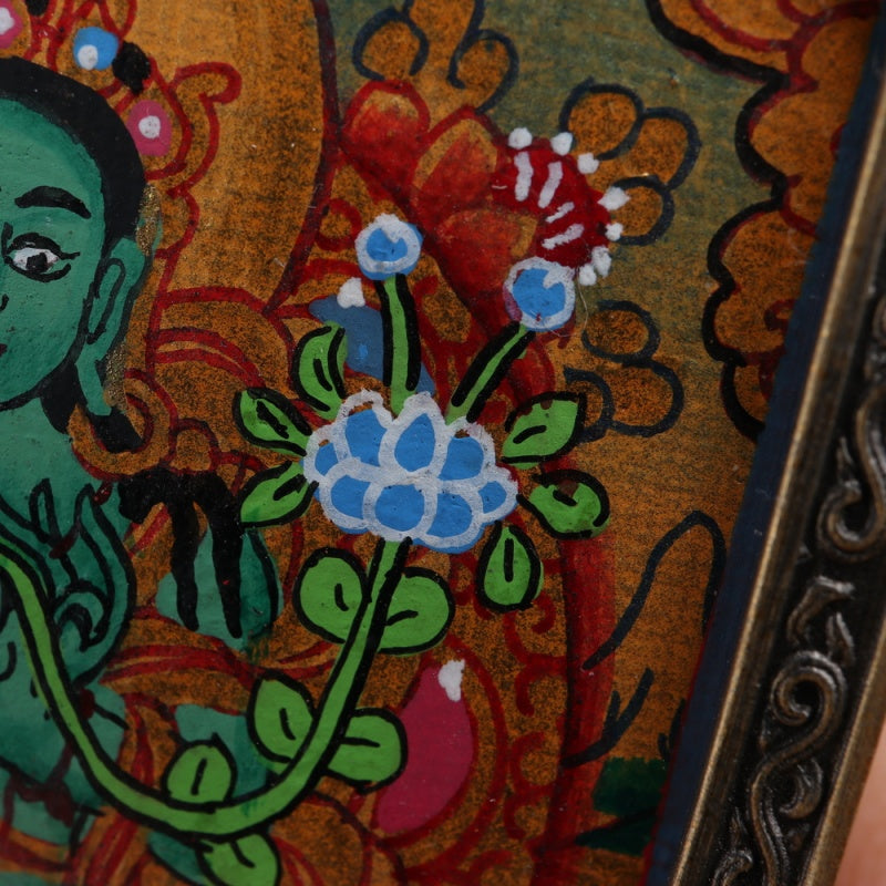 Green Tara Tibetan Thangka Pendant Hand-painted with Gold Outline puretibetan