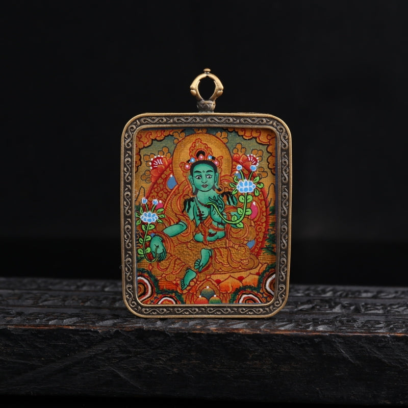 Green Tara Tibetan Thangka Pendant Hand-painted with Gold Outline puretibetan