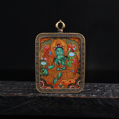 Green Tara Tibetan Thangka Pendant Hand-painted with Gold Outline puretibetan