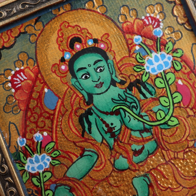 Green Tara Tibetan Thangka Pendant Hand-painted with Gold Outline puretibetan