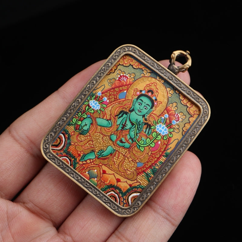 Green Tara Tibetan Thangka Pendant Hand-painted with Gold Outline puretibetan