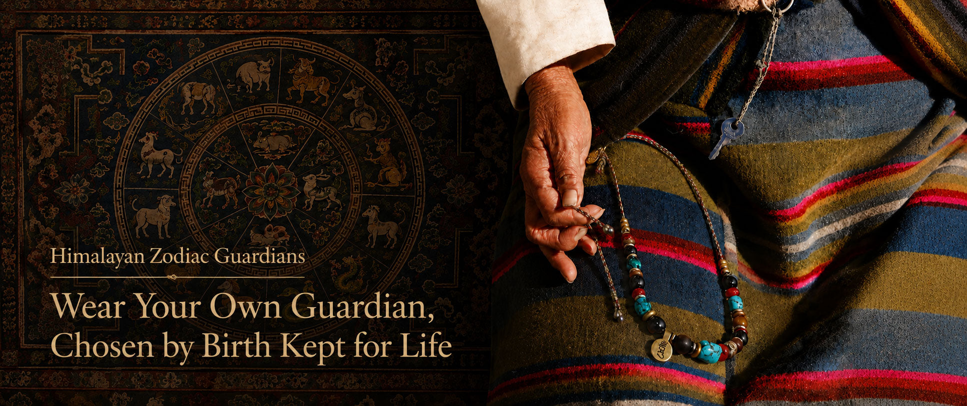 A close-up lifestyle shot of a person wearing a colorful striped traditional garment and holding a beaded necklace, with a dark patterned textile featuring zodiac symbols on the left. Text on the image reads 'Himalayan Zodiac Guardians' and 'Wear Your Own Guardian, Chosen by Birth Kept for Life'.
