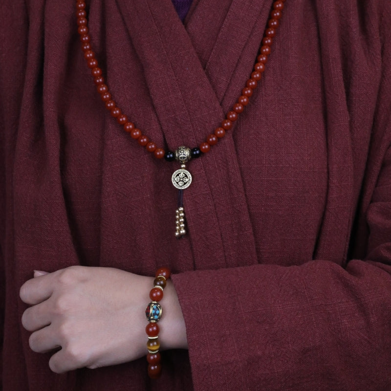 Southern Red Agate Elegance Bracelet & Southern Red Agate and Obsidian Health Mala puretibetan