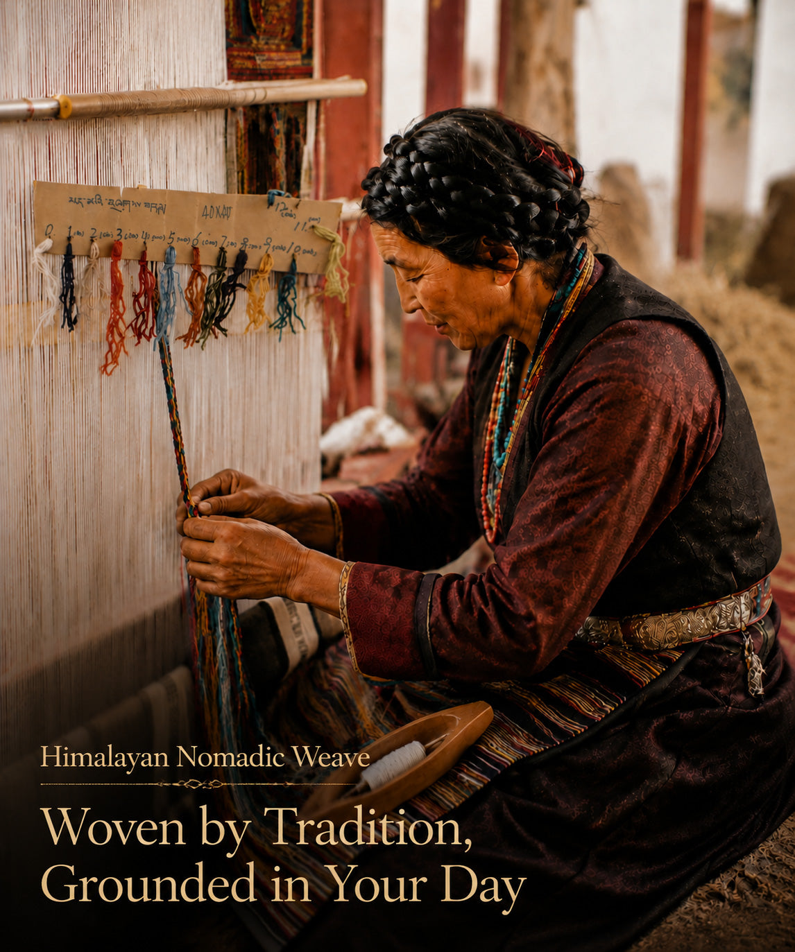 A woman in traditional clothing sits beside a large textile loom, weaving colorful threads. Text at the bottom reads 'Himalayan Nomadic Weave' and 'Woven by Tradition, Grounded in Your Day.