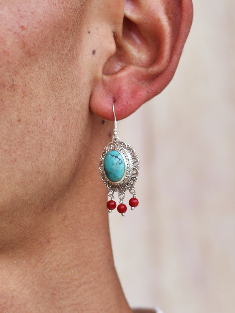 Attract Luck Vitality Earrings | Turquoise & Red Agate Sterling Silver